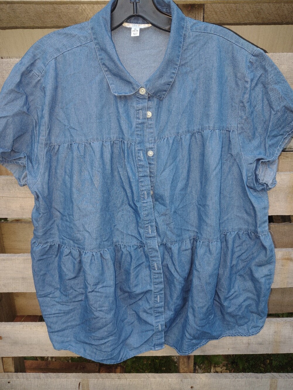 Time and Tru Light Blue Denim-Style Button Front Peplum Shirt 14/16